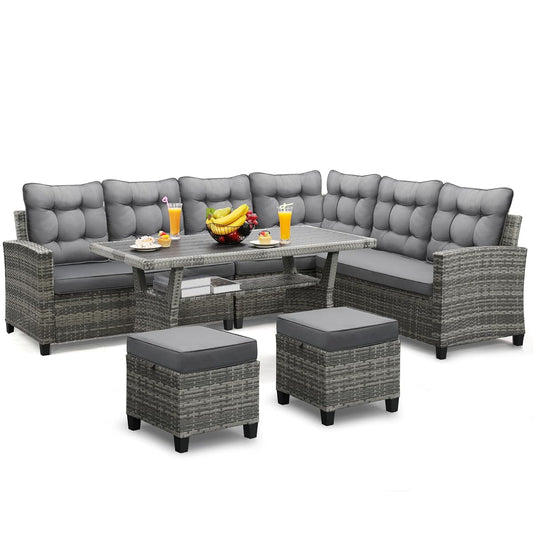6 Piece Patio Furniture Set, Dining and Conversation Set, Grey | UV Treated Wicker, Machine Washable Cushions, Seats 7, 2 Ottomans, 3 Sofa Section, Dining Table, Rustproof Frame
