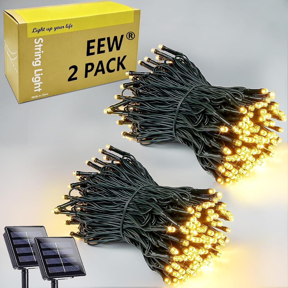 Solar String Lights Outdoor 2 Pack 200 LED 66FT Christmas Lights Warm White