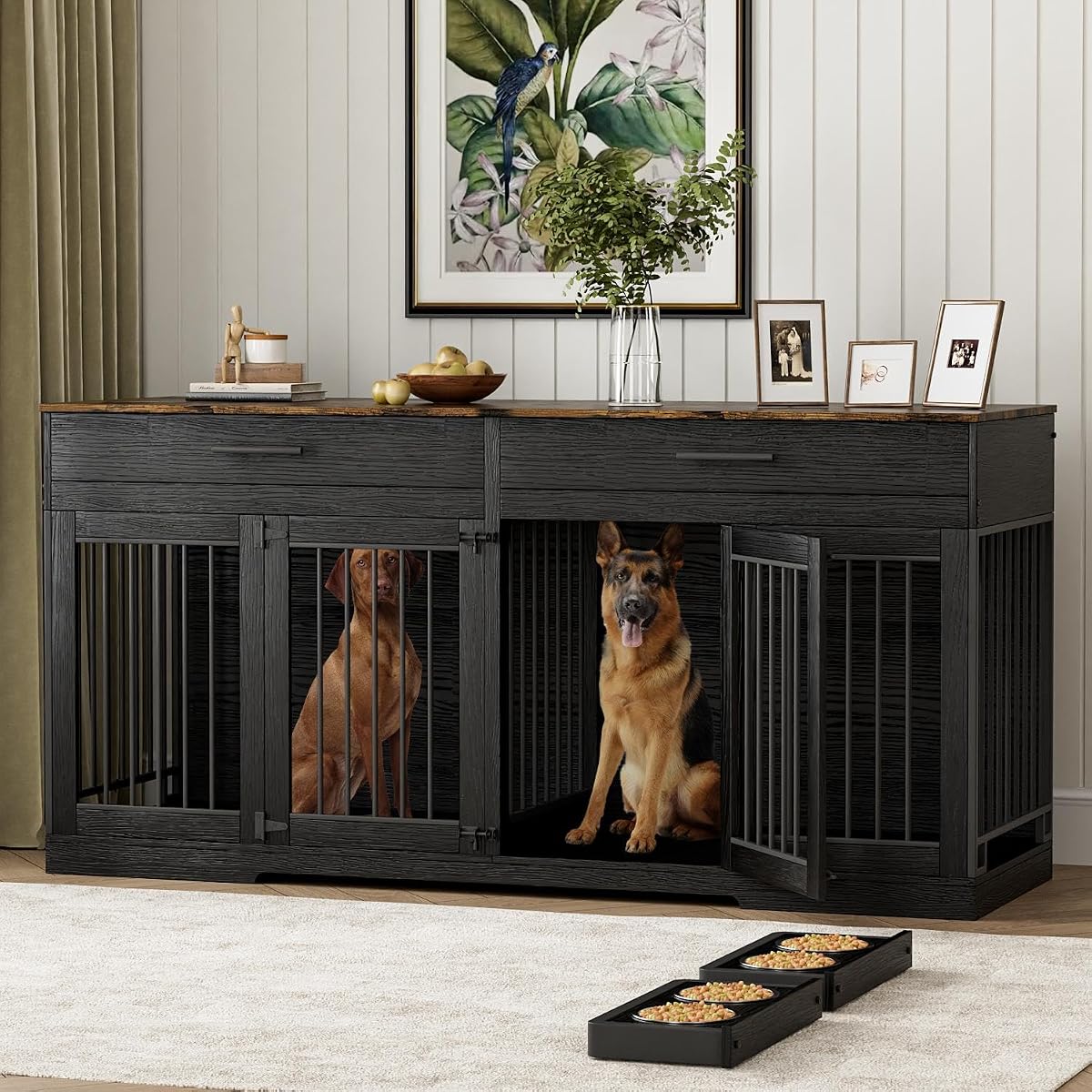 72" Double Dog Crate Furniture with Drawers and Divider, Black