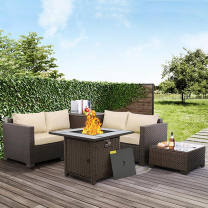 Patio Furniture Set 5 Pieces Outdoor Conversation Sets PE Rattan Couch Loveseat Resin Wicker Sectional Sofa with Storage Box Coffee Table and Propane Fire Pit, Khaki Cushion