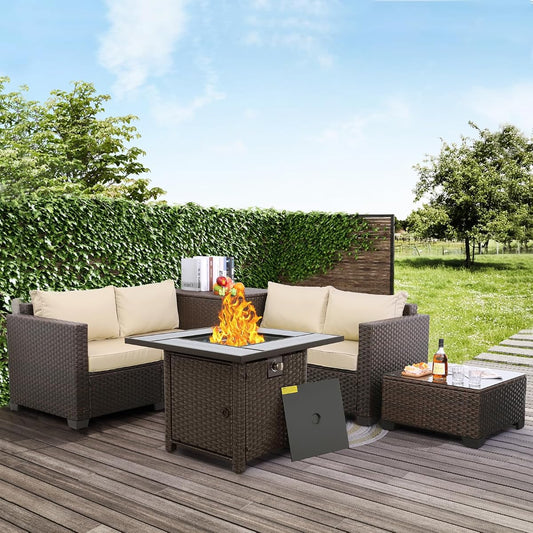 Patio Furniture Set 5 Pieces Outdoor Conversation Sets PE Rattan Couch Loveseat Resin Wicker Sectional Sofa with Storage Box Coffee Table and Propane Fire Pit, Khaki Cushion