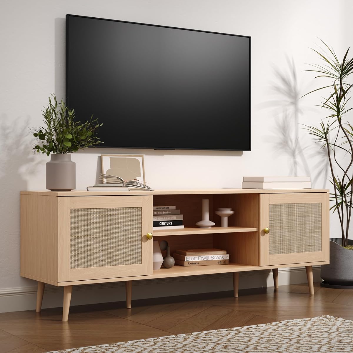 Rattan TV Stand for 55/60/65/70 inch TV, Boho 59" Entertainment Center with Storage, Modern Mid Century Media Console with Rattan Doors and Adjustable Shelf, Wood TV Stand for Living Room, Oak