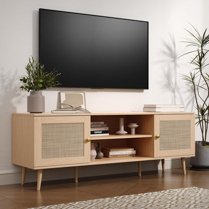 Rattan TV Stand for 55/60/65/70 inch TV, Boho 59" Entertainment Center with Storage, Modern Mid Century Media Console with Rattan Doors and Adjustable Shelf, Wood TV Stand for Living Room, Oak