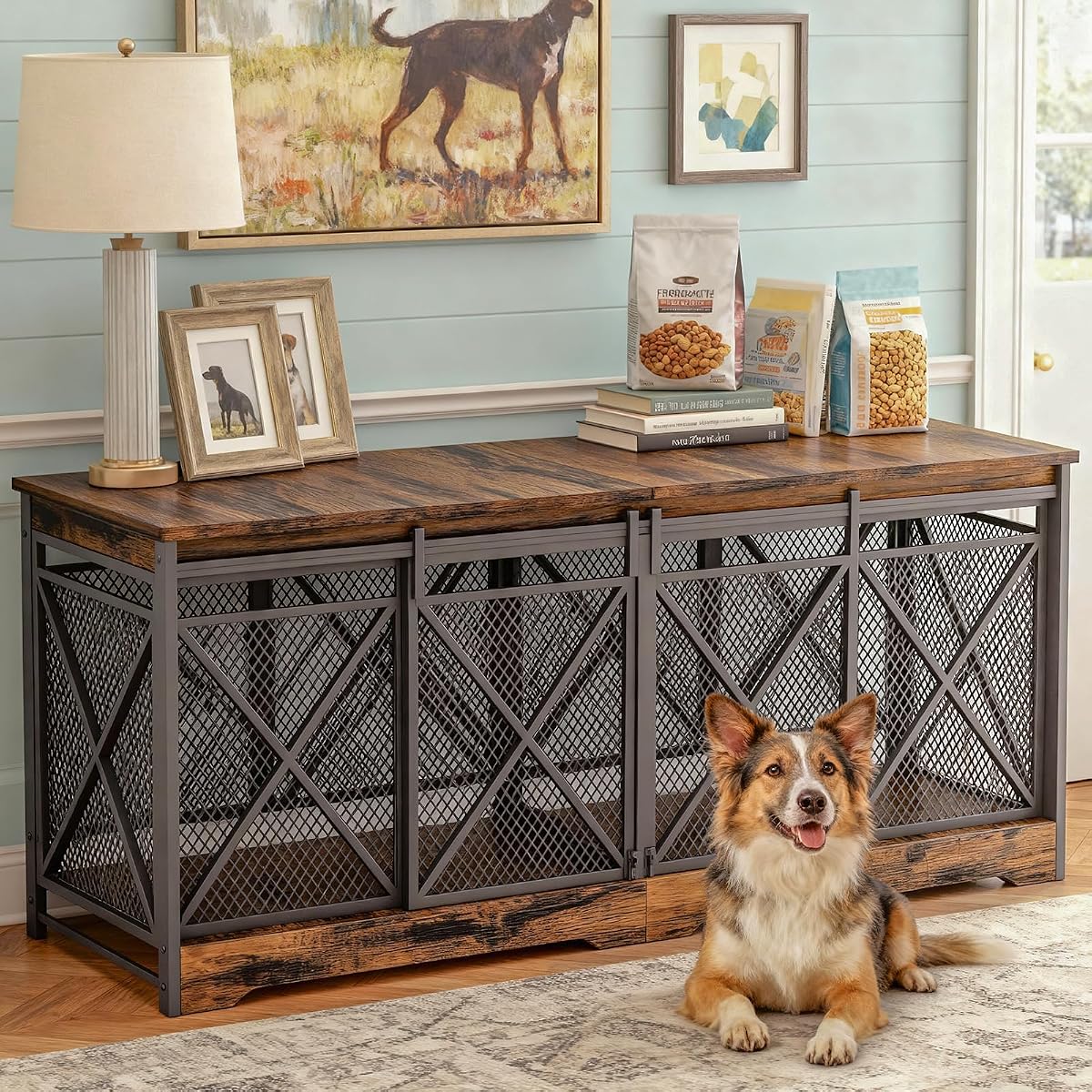 78" Double Dog Crate with Divider, Caramel Brown