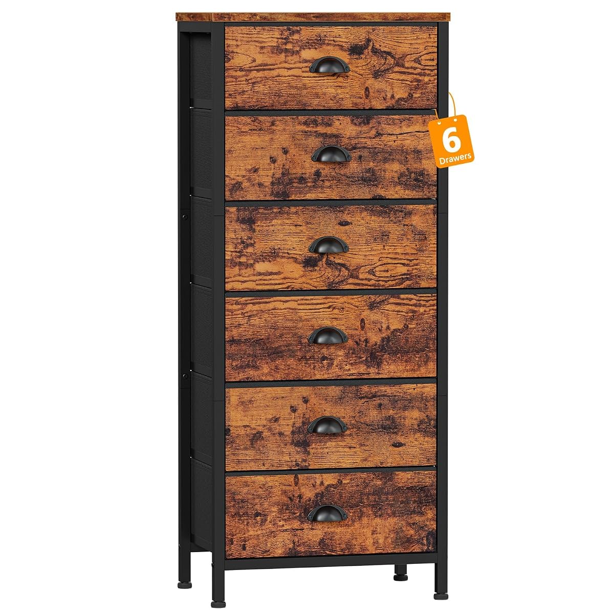 Tall Dresser with 6 Drawers,Vertical End Table and Nightstand for Bedroom,Industrial Dorm Bedside Furniture with Fabric Storage Drawer Organizer in Living Room,Closet,Entryway(Rustic Brown)