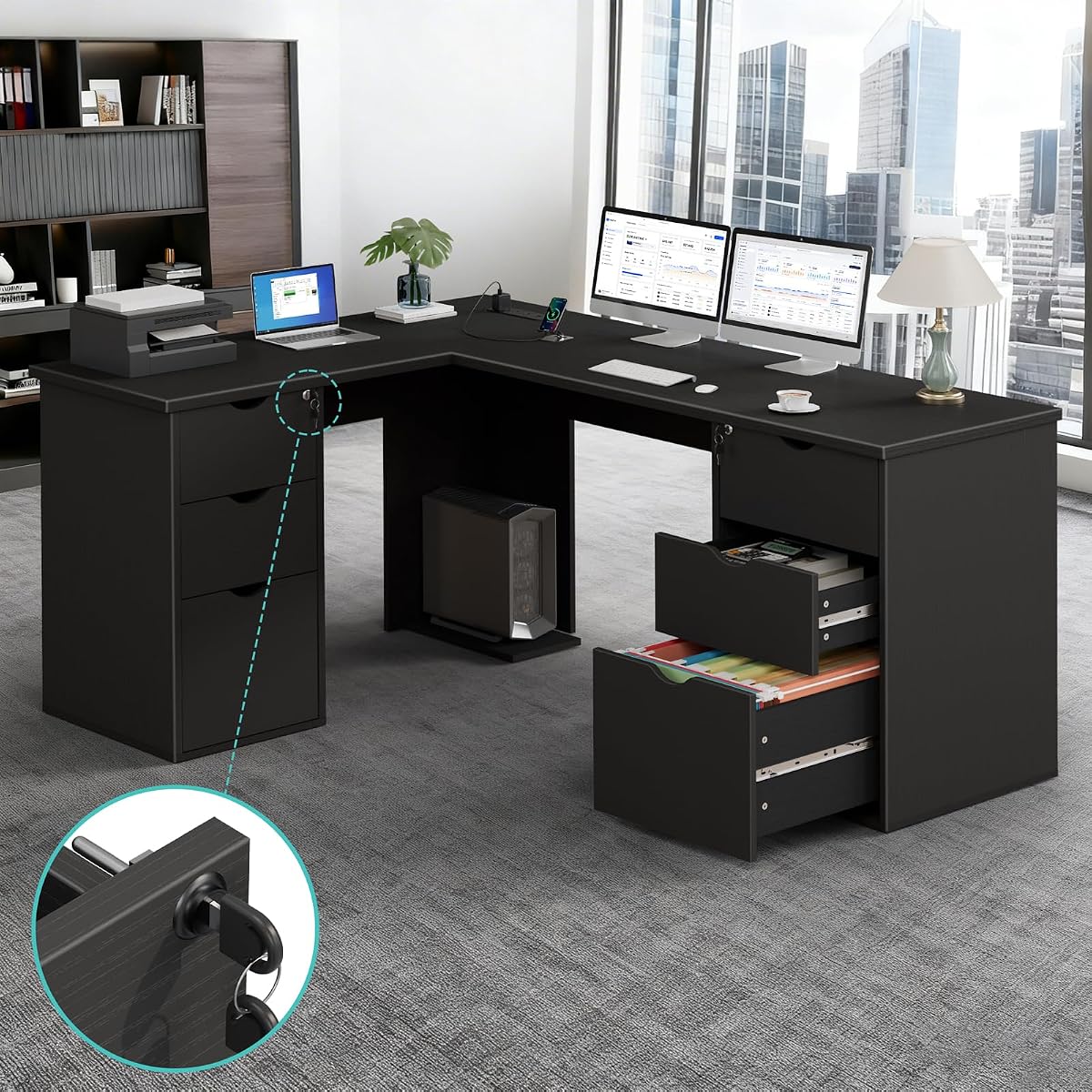 66" L Shaped Desk with 6 Lockable Drawers, Black Corner Computer Desk