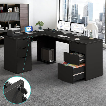 66" L Shaped Desk with 6 Lockable Drawers, Black Corner Computer Desk