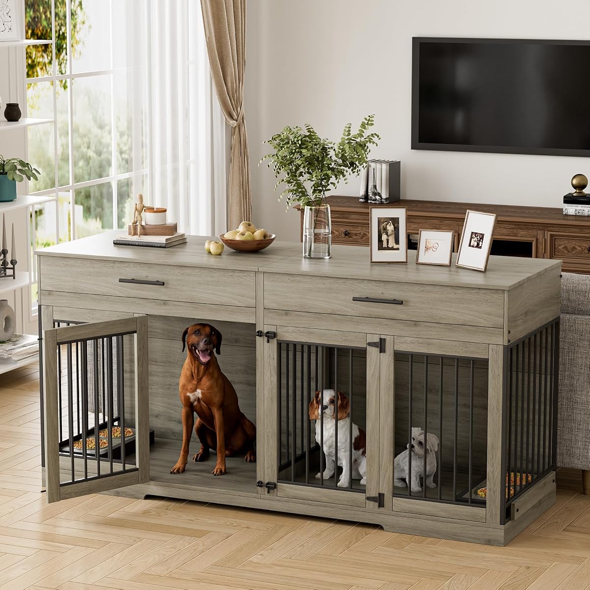 72" Double Dog Crate Furniture for Medium Large Dogs, Grey