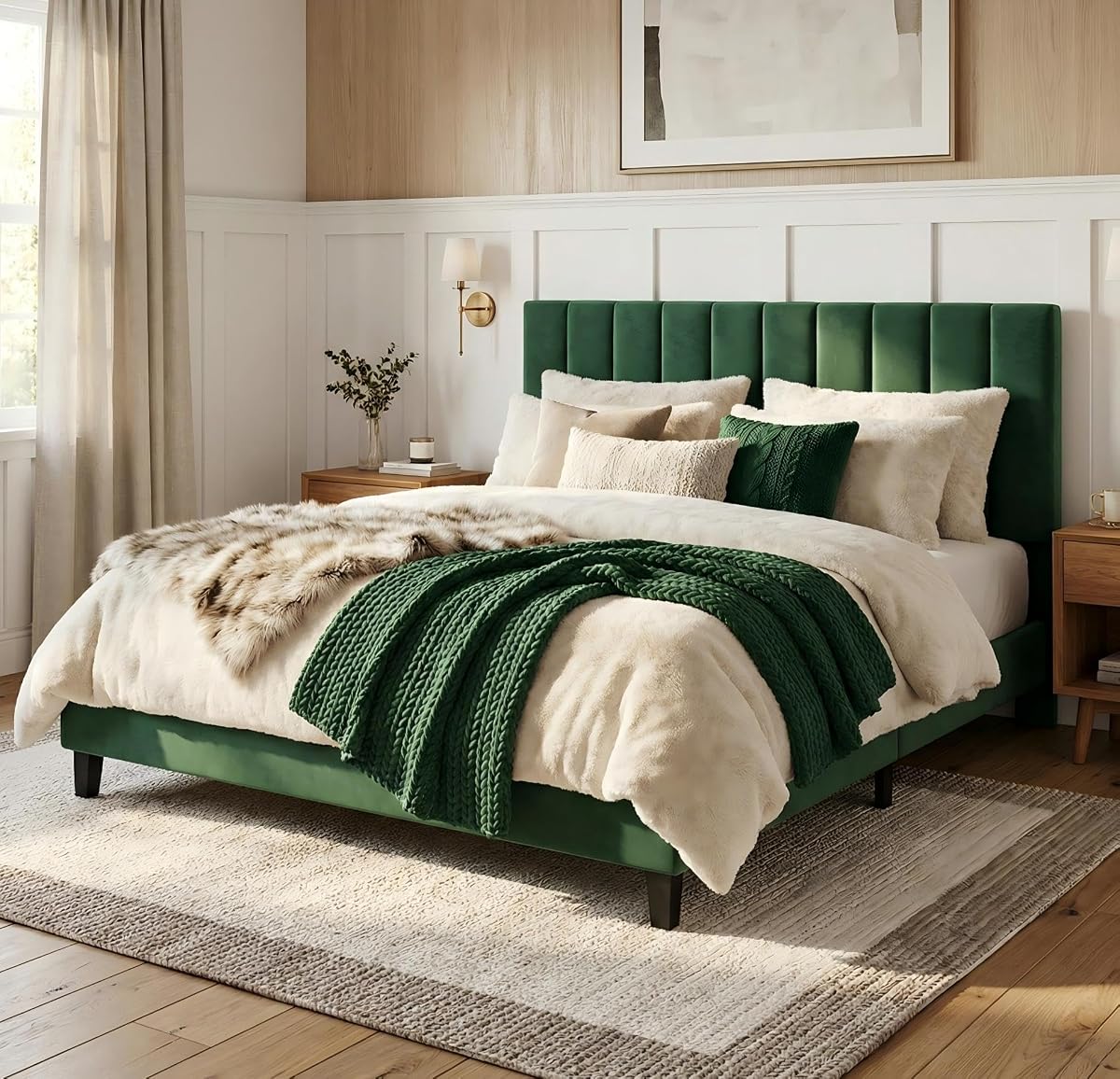 Queen Size Platform Bed Frame with Upholstered Headboard, Dark Green