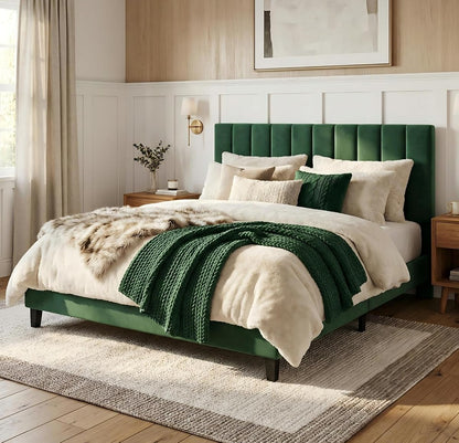 Queen Size Platform Bed Frame with Upholstered Headboard, Dark Green