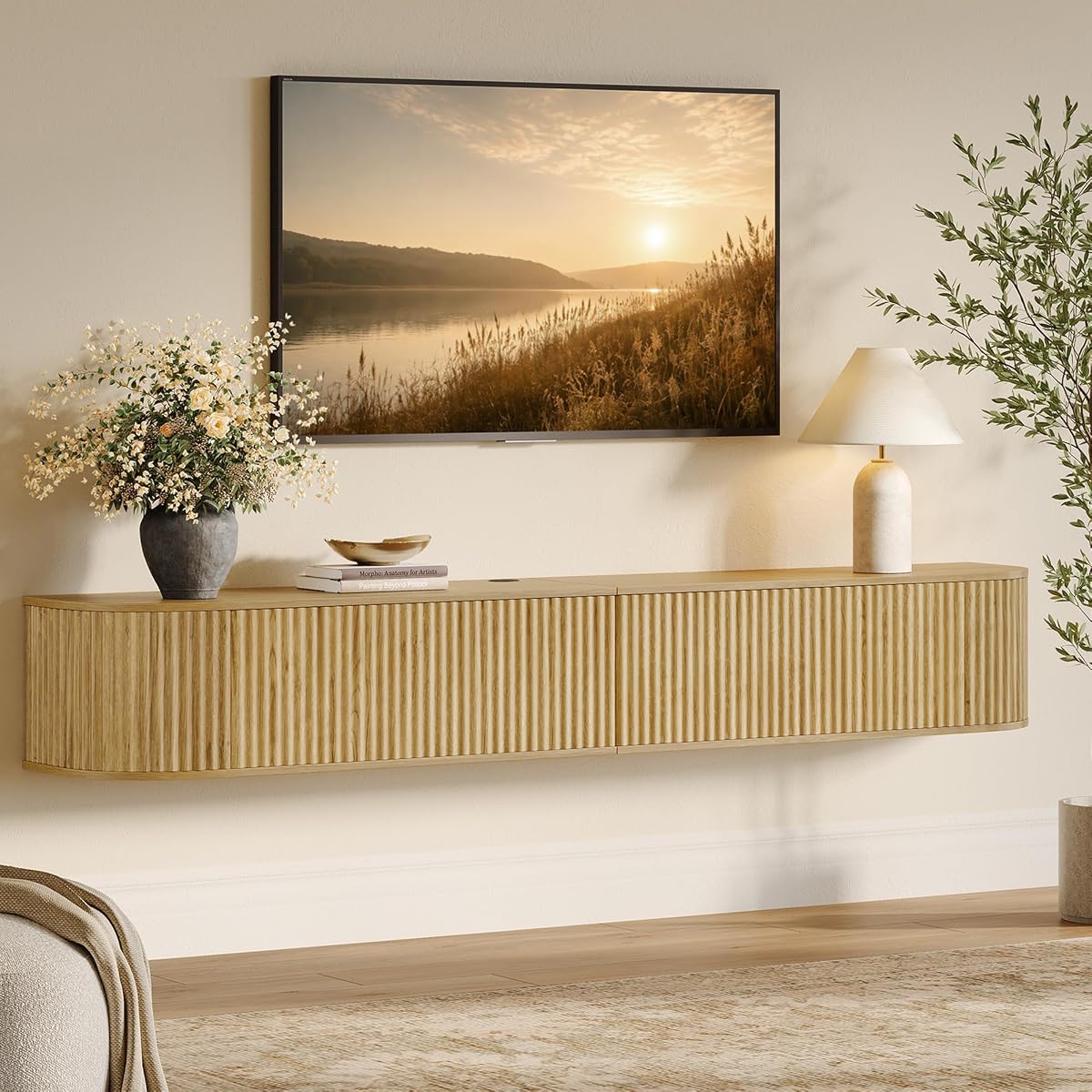 71" Oak Fluted Floating TV Stand for TVs up to 80" for Living Room