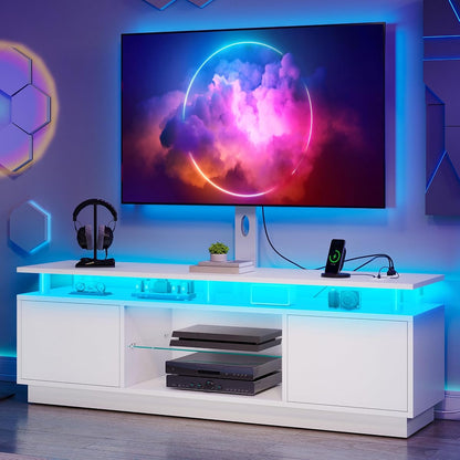 Modern TV Stand with Mount, Media Console with LED Light, White