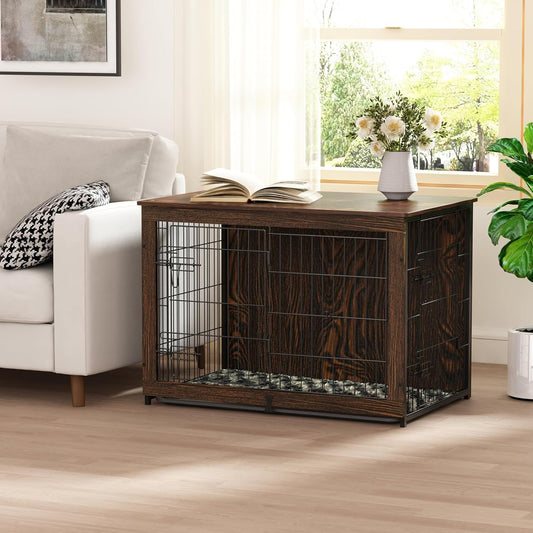 Wooden Dog Crate Furniture with Cushion, Dog Crate End Table with Tray