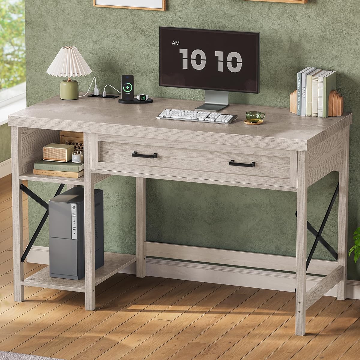 Farmhouse Small Desk with Drawers, 40" Computer Desk with Storage Shelves, Writing Desk for Small Space and Power Outlet, Desk for Bedroom, Home Office, Mahogany Grey