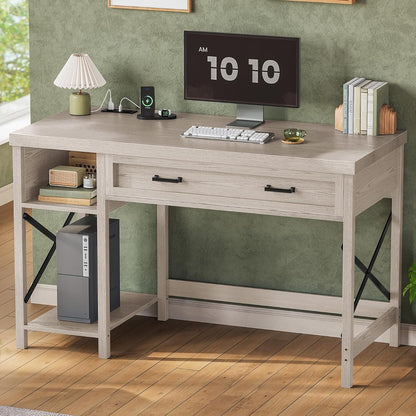 Farmhouse Small Desk with Drawers, 40" Computer Desk with Storage Shelves, Writing Desk for Small Space and Power Outlet, Desk for Bedroom, Home Office, Mahogany Grey