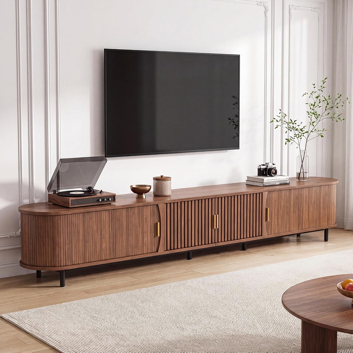 110.25" TV Stand with Sliding Cabinets, Walnut Media Console with Storage