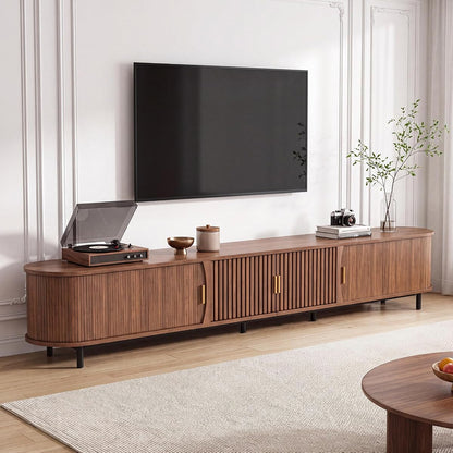 110.25" TV Stand with Sliding Cabinets, Walnut Media Console with Storage