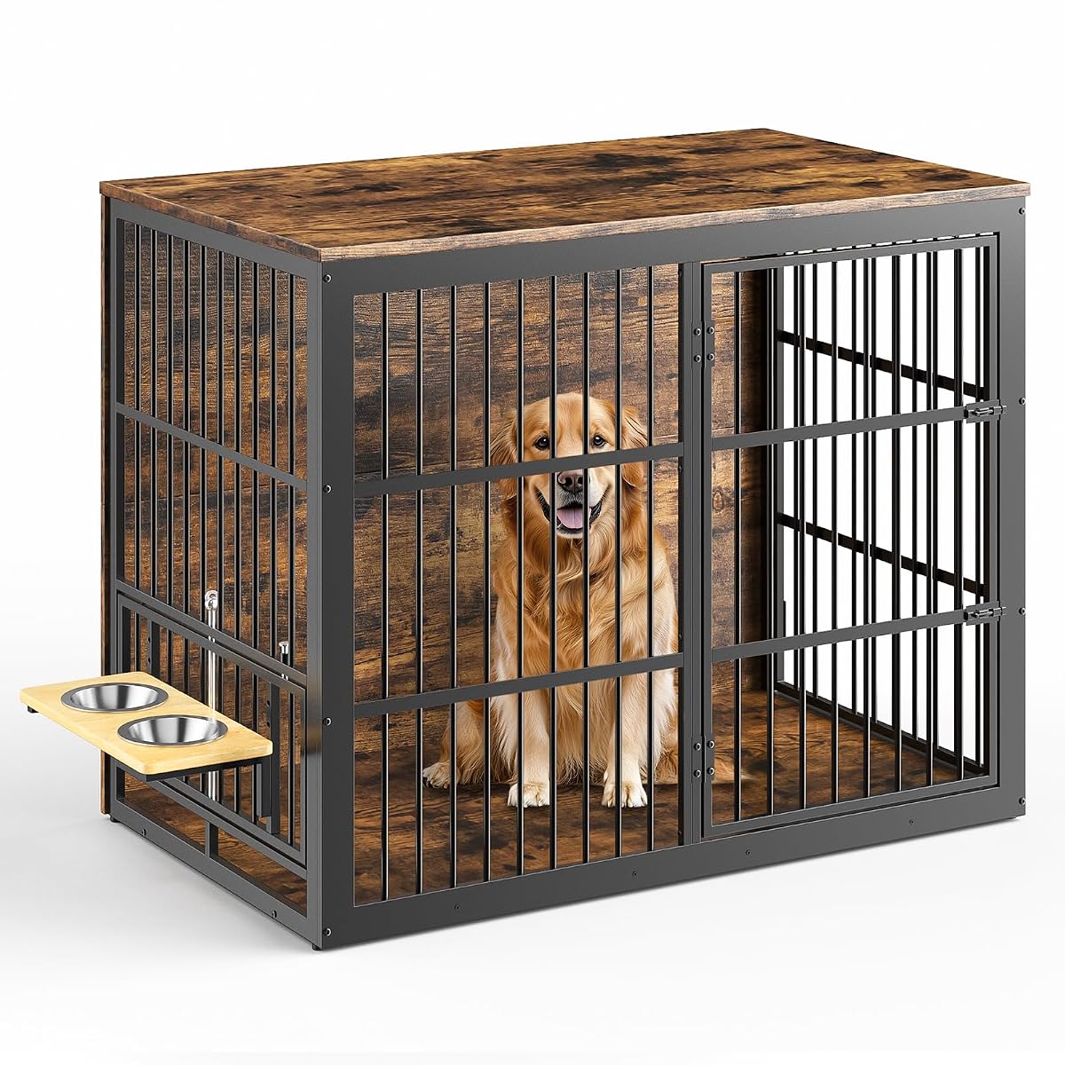 48'' XXL Dog Crate Furniture with Rotating Feeder, Rustic Brown