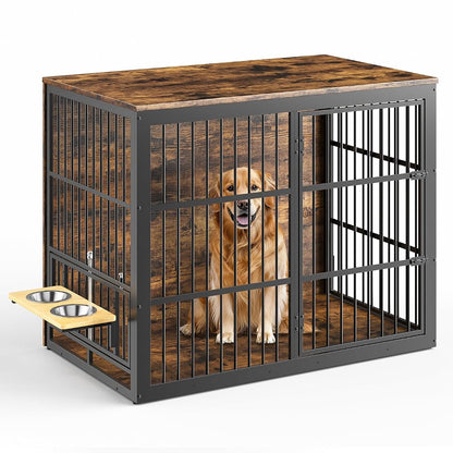 48'' XXL Dog Crate Furniture with Rotating Feeder, Rustic Brown