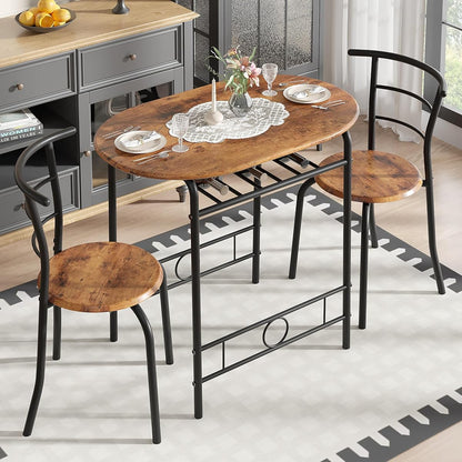 3-Piece Dining Table Set for Kitchen Breakfast Nook, Wood Grain Oval Tabletop and Metal Frame with Built-in Wine Rack, for Small Spaces, Antique Brown & Black
