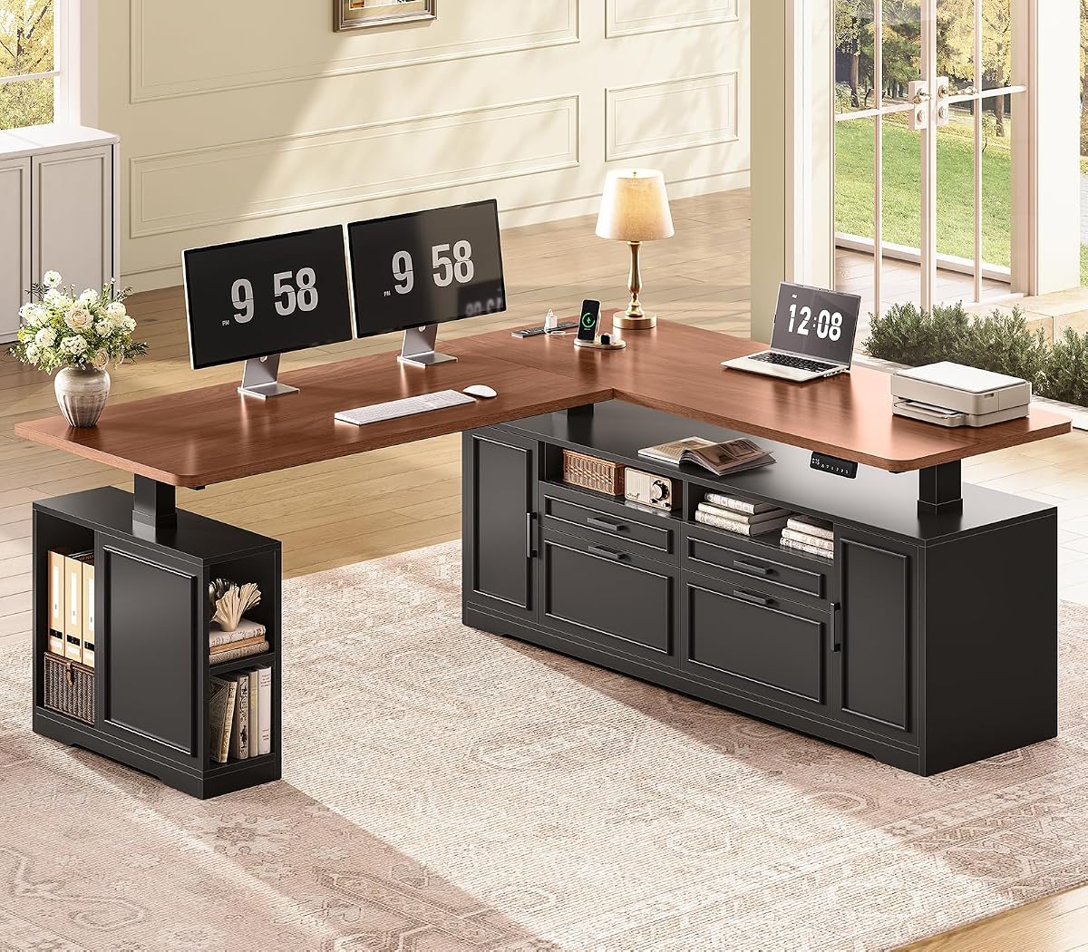 Farmhouse L Shaped Executive Electric Standing Desk with 4 Drawers