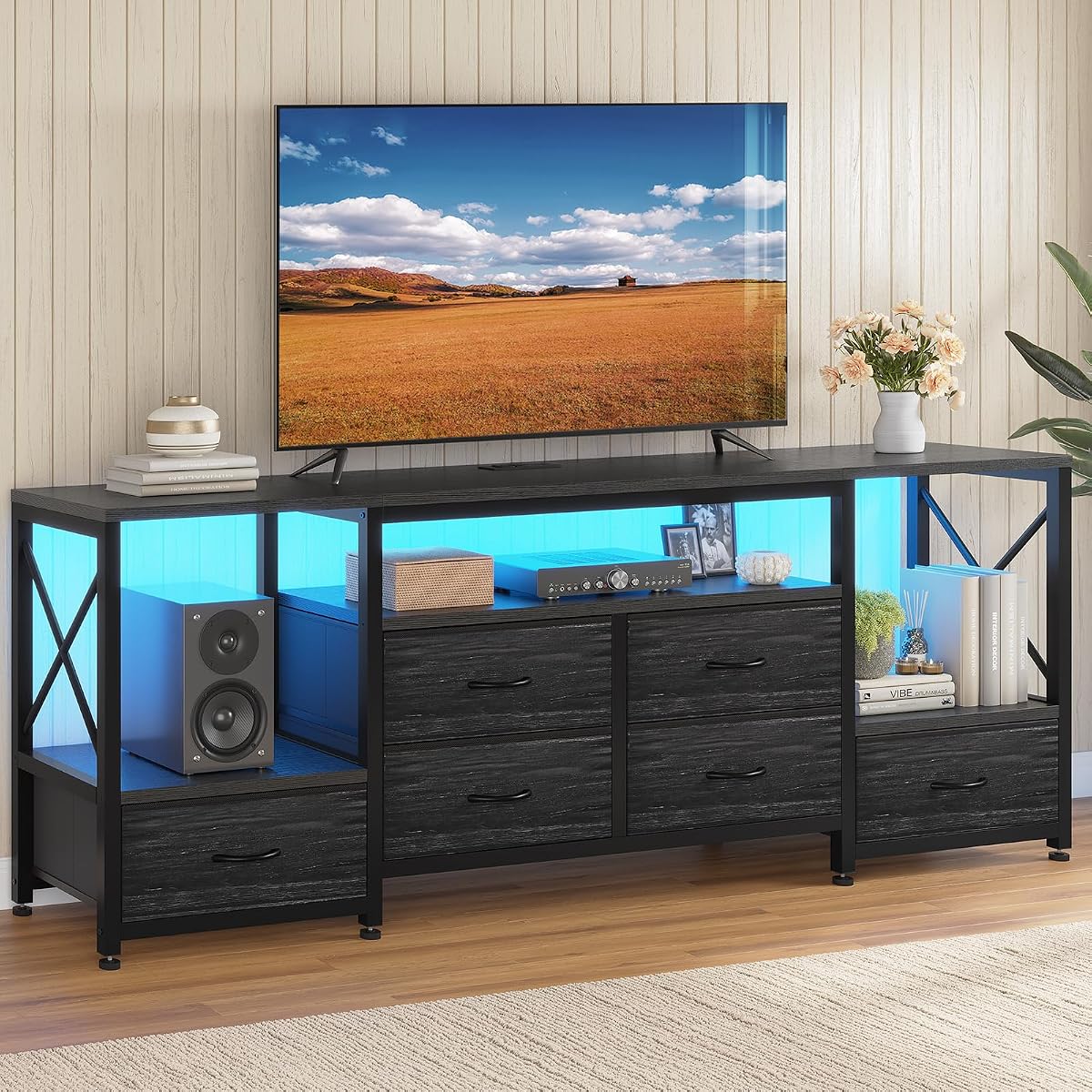 TV Stand for 75 Inch TV,Charcoal Black Wood Grain Print