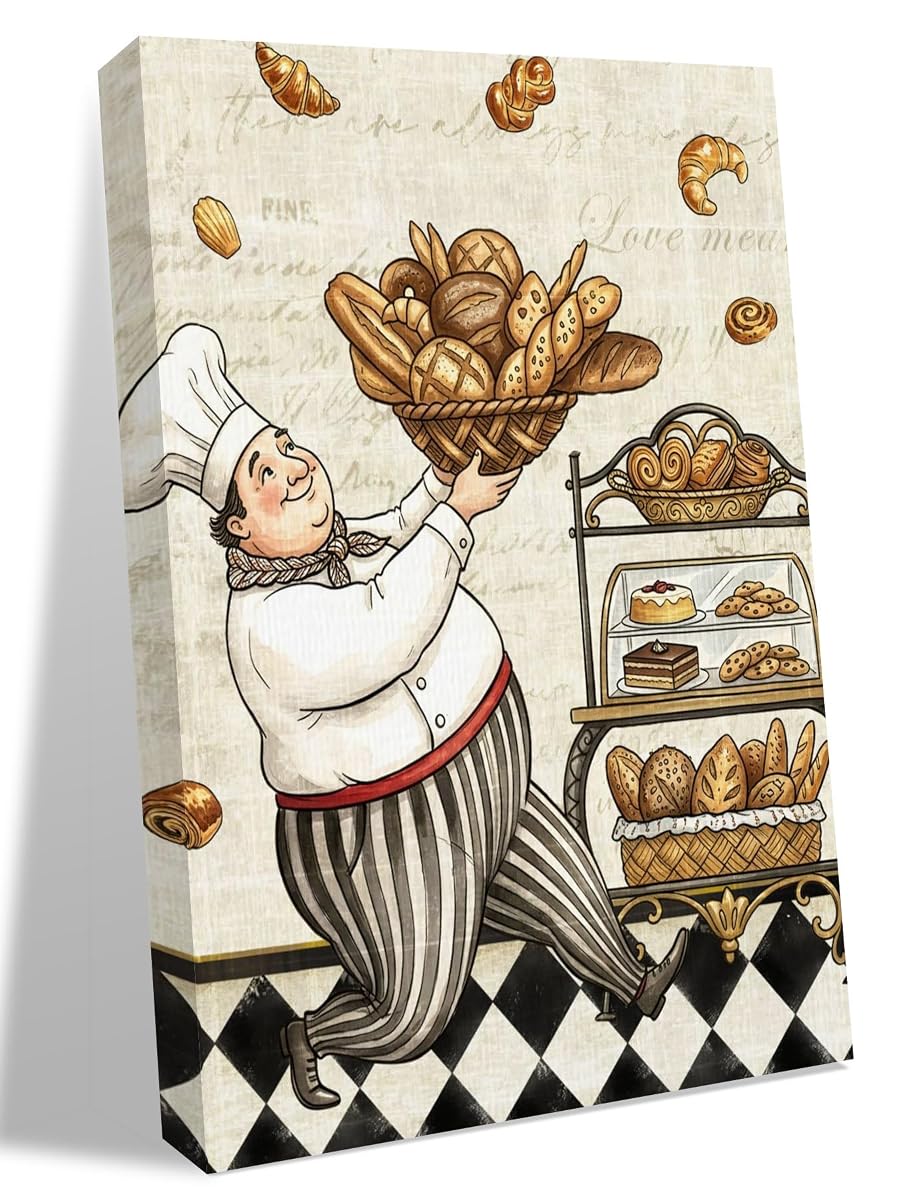 NuYeBiofx Farmhouse Kitchen Baker Bread Canvas Wall Art Prints,48"x32" Framed Picture Artwork Vintage Black Plaid Printed Canvas Oil Painting for Living Room Bedroom Office,Ready to Hang