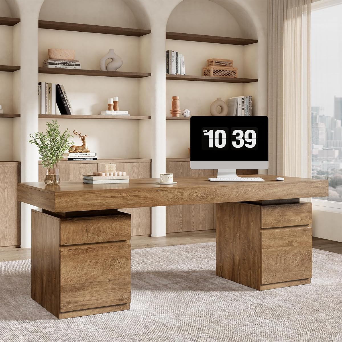 71-Inch Executive Desk, Wooden Office Desk with Storage, Oak Brown
