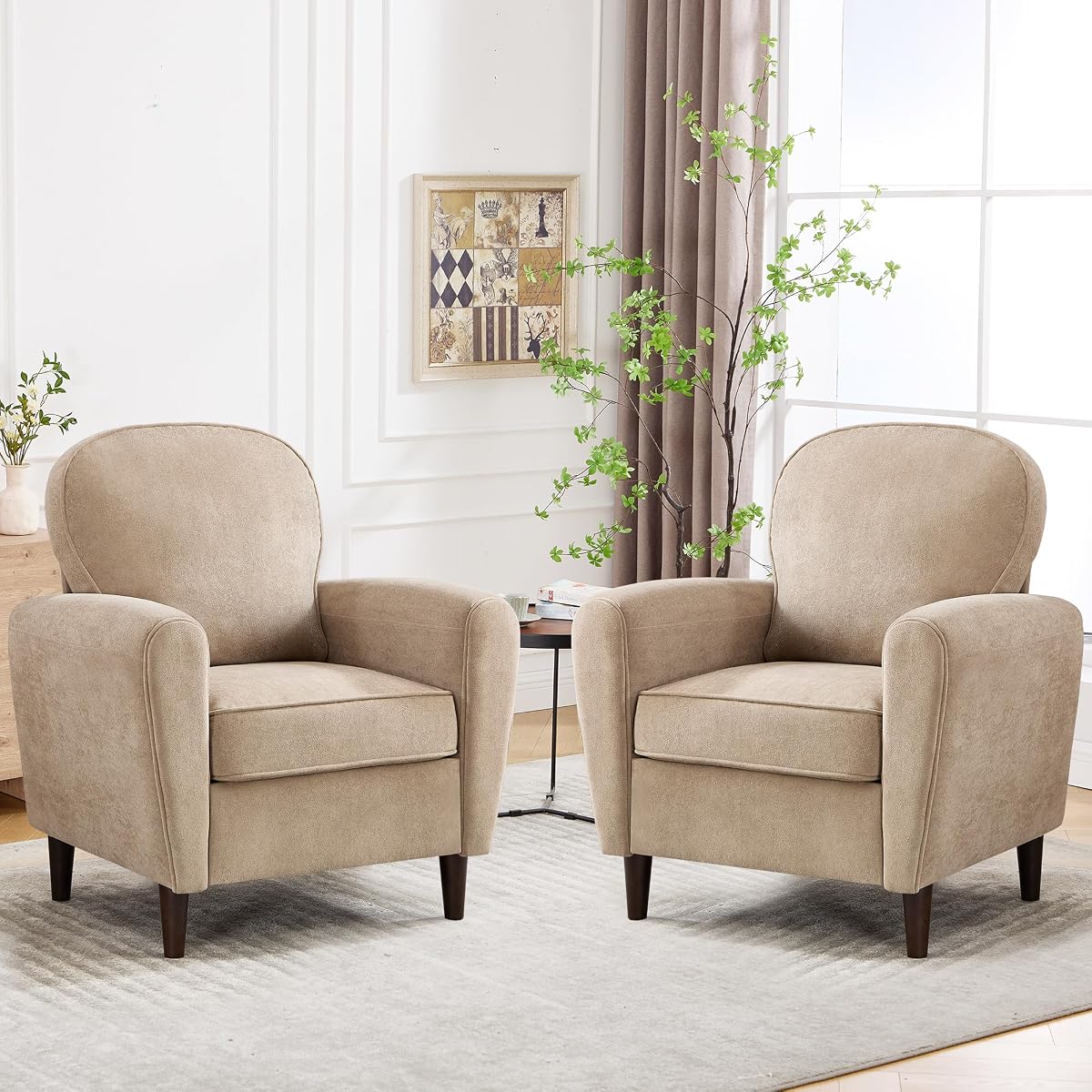Accent Chair Set of 2, Mid Century Modern Arm Chair with Thick Cushion and Back, Comfy Upholstered Reading Chair Single Sofa Chair for Living Room, Bedroom, Club, Khaki