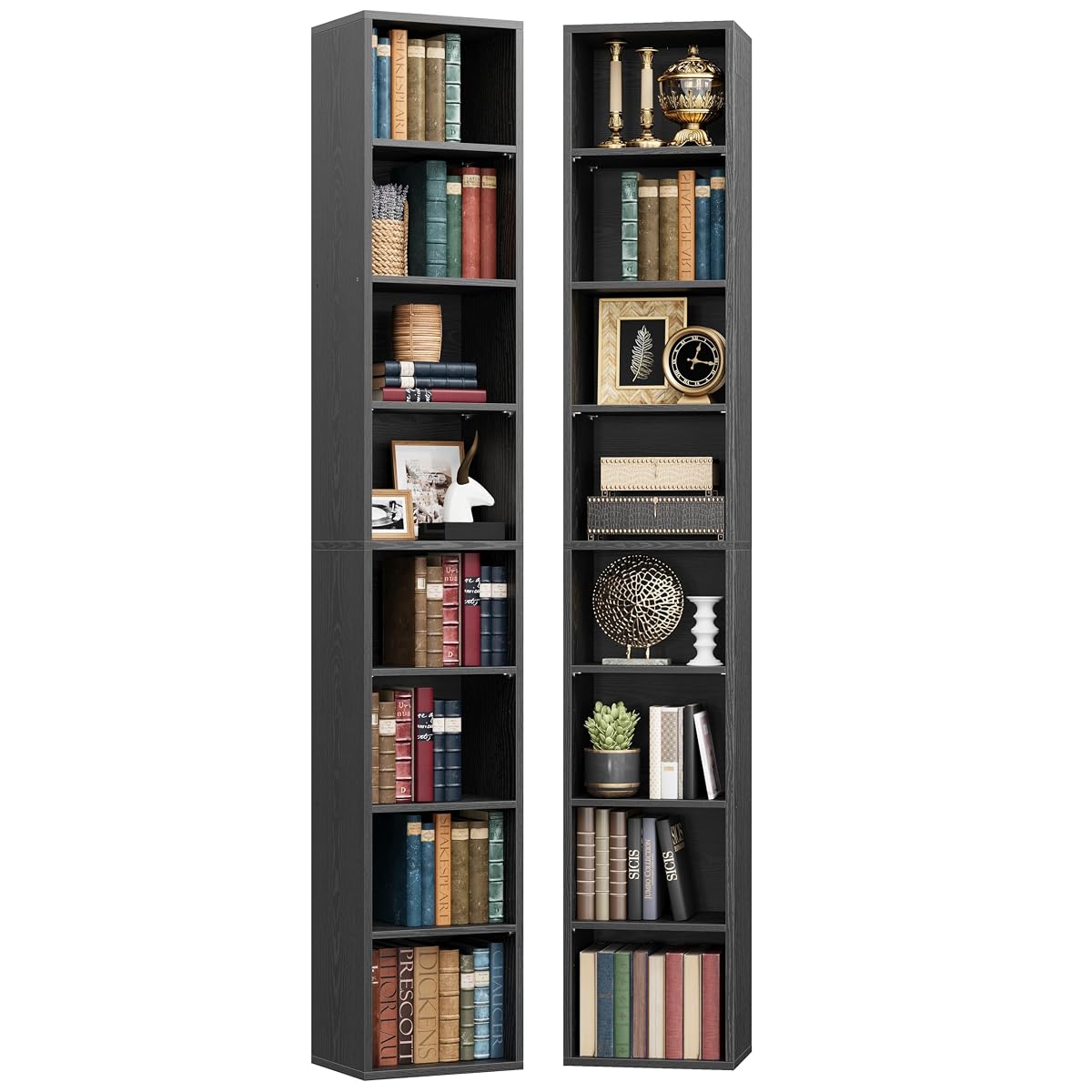 Tall Narrow Bookshelf 8 Tiers 71in Set of 2, Compact Corner Bookcase, Easy to Match for Living Room, Office, Study, Bedroom