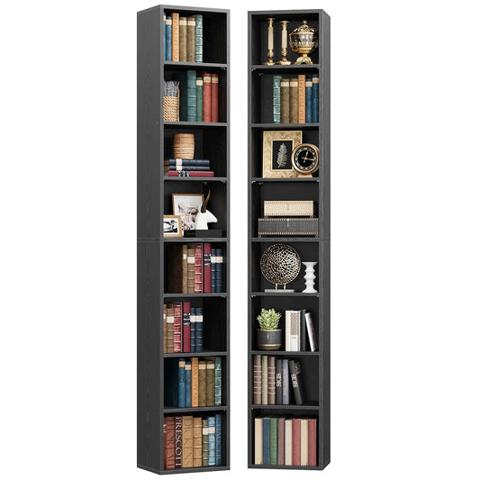 Tall Narrow Bookshelf 8 Tiers 71in Set of 2, Compact Corner Bookcase, Easy to Match for Living Room, Office, Study, Bedroom