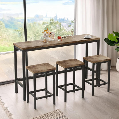 Modern Design 4-Piece Counter Height Extra Long Dining Table Set with 3 Stools and Side Table with Footrest,Space-Saving Pub Kitchen Set,Easy Assembly,Natural