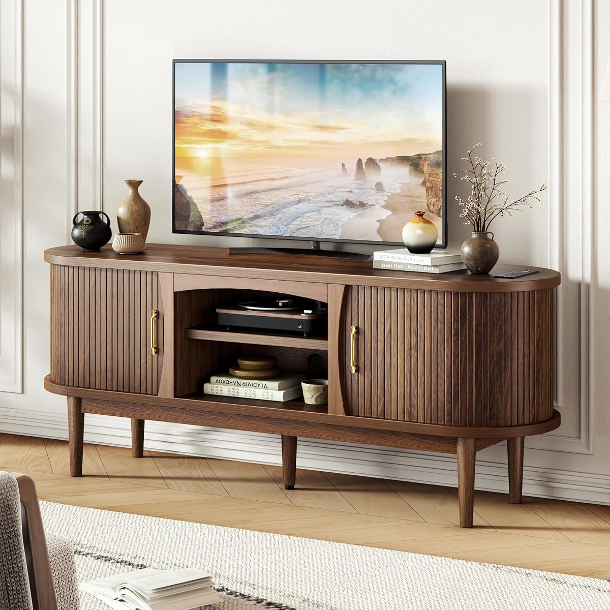 58" Fluted TV Stand, Mid Century Modern Entertainment Center, Walnut