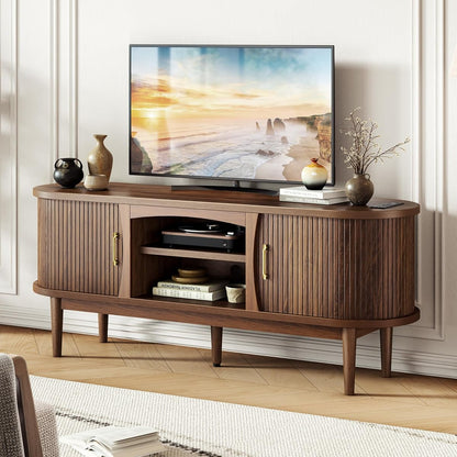 58" Fluted TV Stand, Mid Century Modern Entertainment Center, Walnut