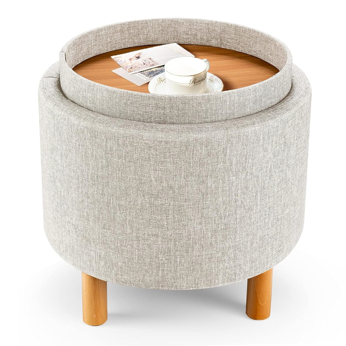 Round Storage Ottoman with Tray Lid, Accent Storage Footstool w/Soft Padding, Fabric Sitting Stool w/Solid Wood Legs & Non-Slip Pads, Tray Top Coffee Table for Living Room, Bedroom (Beige)