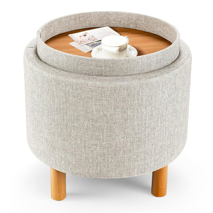 Round Storage Ottoman with Tray Lid, Accent Storage Footstool w/Soft Padding, Fabric Sitting Stool w/Solid Wood Legs & Non-Slip Pads, Tray Top Coffee Table for Living Room, Bedroom (Beige)