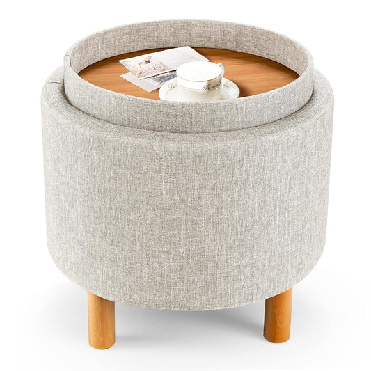 Round Storage Ottoman with Tray Lid, Accent Storage Footstool w/Soft Padding, Fabric Sitting Stool w/Solid Wood Legs & Non-Slip Pads, Tray Top Coffee Table for Living Room, Bedroom (Beige)