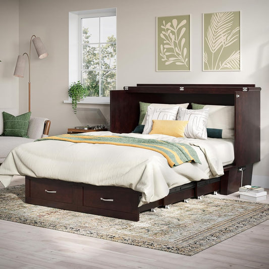 Chelsea Mid-Century Modern Queen Solid Wood Murphy Bed Chest with 6" Mattress, Storage Drawer & Built-in USB Charger, Espresso