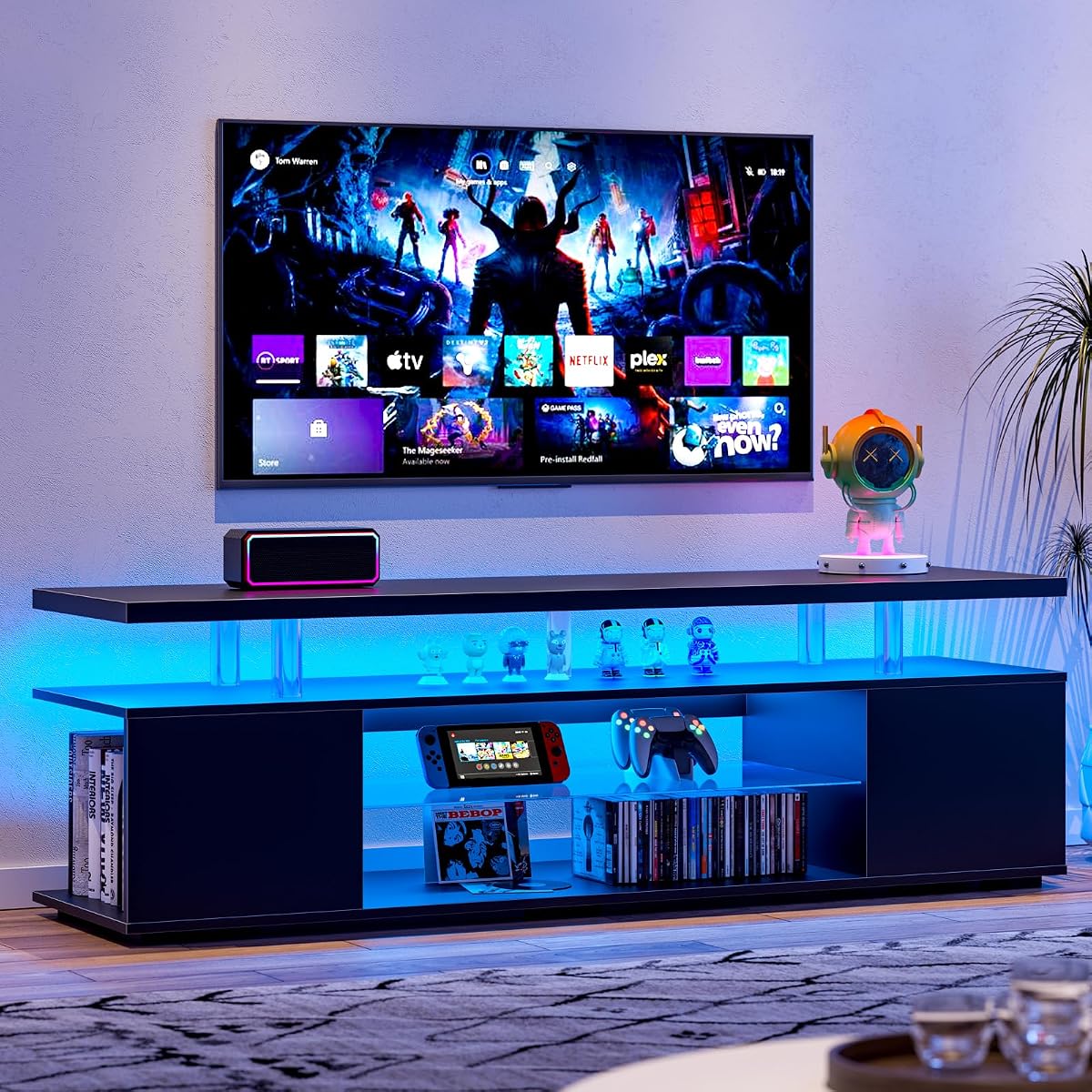 TV Stand for 70 Inch TV LED Gaming Entertainment Center Media Storage Console Table with Large Side Cabinet for Living Room Black