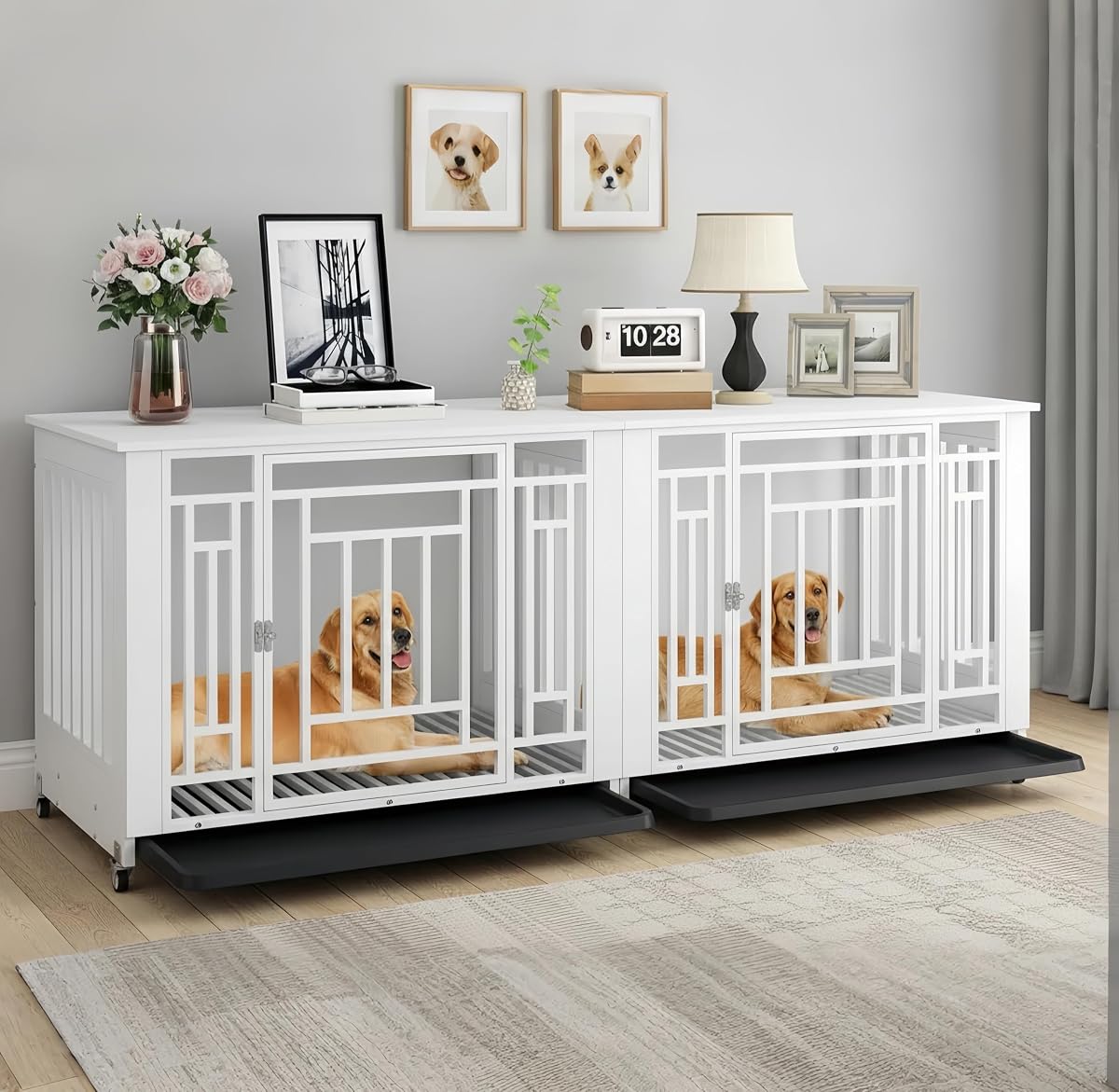 76" Double Dog Crate Furniture for 2 Large Medium Dogs Chew-Resistant