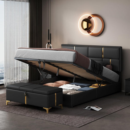 Upholstered Bedroom Furniture Set with Ottoman, Queen Upholstered Platform Bed with Hydraulic Storage System and Storage Ottoman, 2 Piece Bedroom Furniture Set Queen Size, Black
