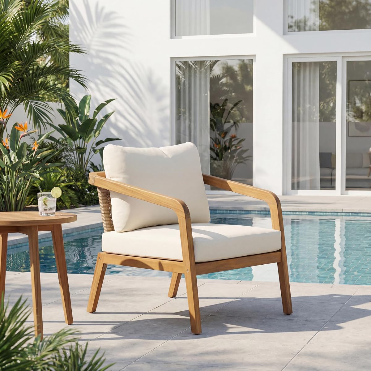 Jay Patio Lounge Chair Outdoor with Weather-Resistant Cushion, Modern Arm Chair with PE Wicker Backrest, Acacia Wood Club Chair for Outdoor Furniture, Cream+Light Brown+Teak