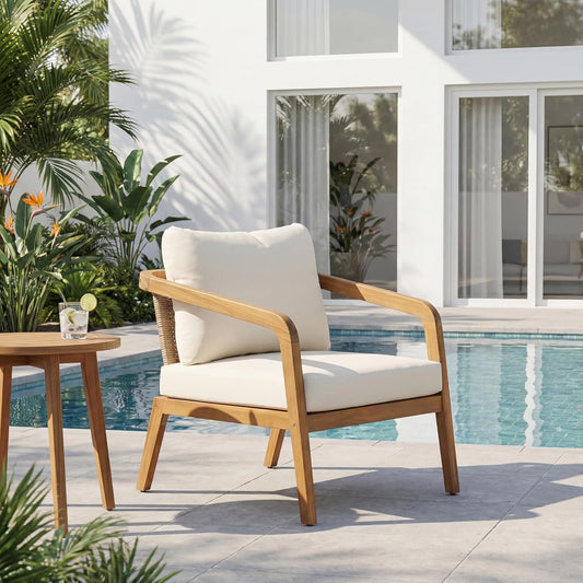 Jay Patio Lounge Chair Outdoor with Weather-Resistant Cushion, Modern Arm Chair with PE Wicker Backrest, Acacia Wood Club Chair for Outdoor Furniture, Cream+Light Brown+Teak