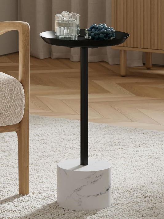 Round Metal Drink Table with Black Top and Faux Marble Base – Small Pedestal