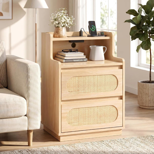 Rattan Nightstand with Charging Station