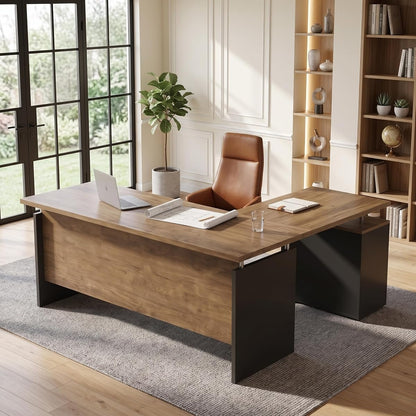 63" L Shaped Executive Desk, Modern Office Desk with 3 Drawers & Locking Storage