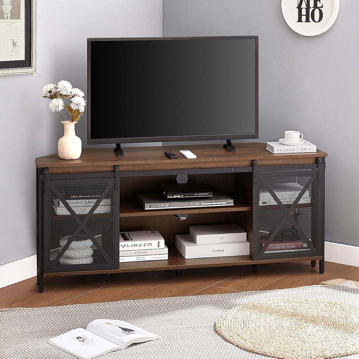 Corner TV Stand for 55 Inch TV, Rustic Corner Entertainment Center with Storage