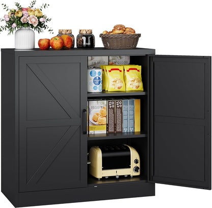Black Storage Cabinet with Doors and Adjustable Shelves,36" Tall Farmhouse Food Pantry Cabinets,Small Sideboard Cabinet,Short Metal Storage Cabinets for Home Kitchen,Dining/Living/Laundry/Room