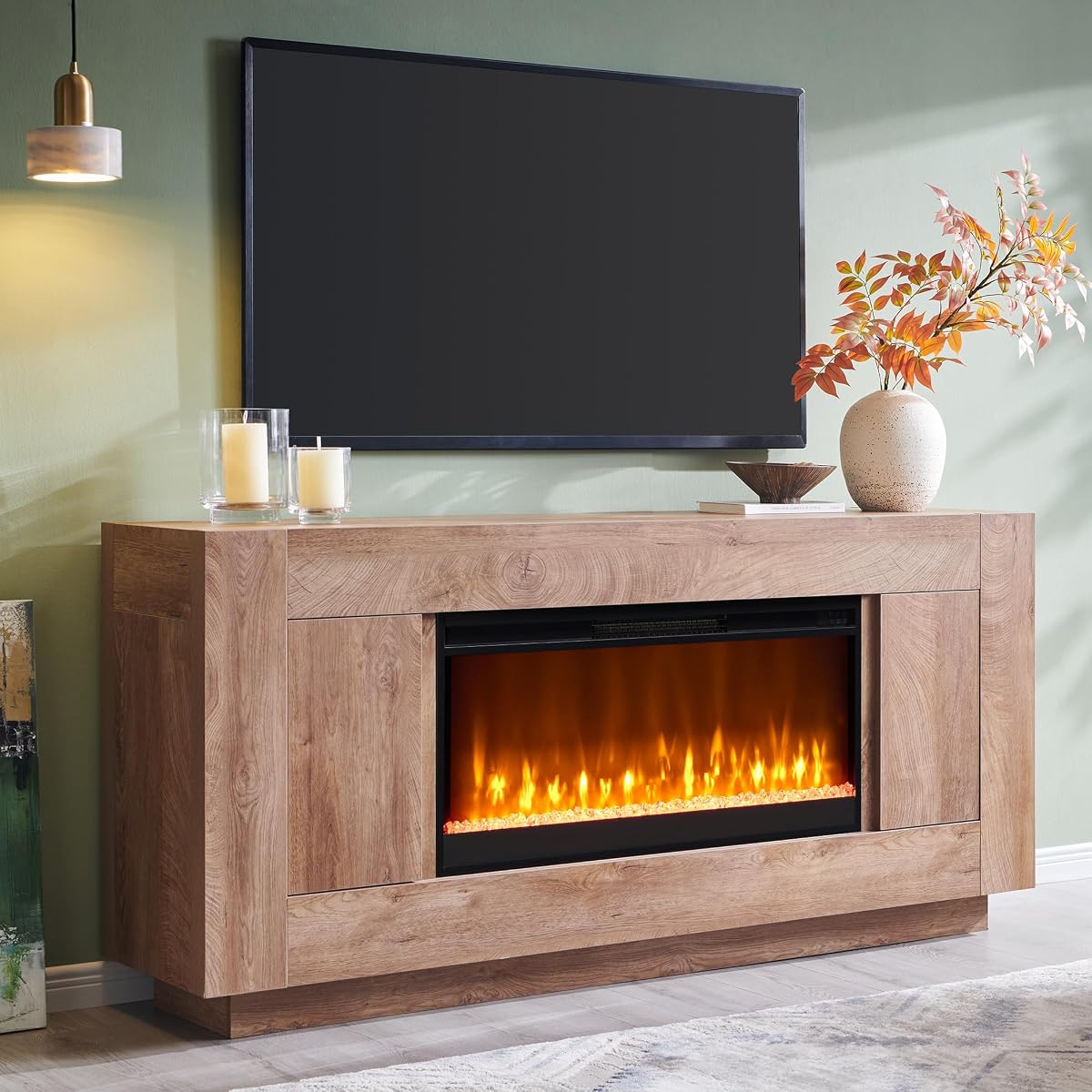 70" Fireplace TV Stand for 80" TV, Thick Block Media Console, Light Oak