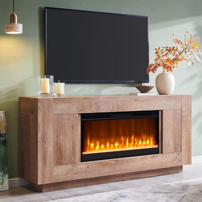 70" Fireplace TV Stand for 80" TV, Thick Block Media Console, Light Oak